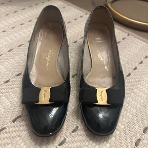 Salvatore Ferragamo Black Patent Leather Flats with Gold Accent